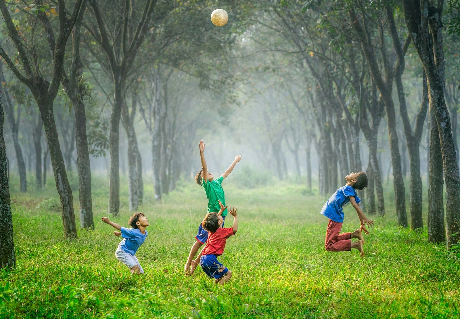 4 enfants jouant au ballon dans l'herbe