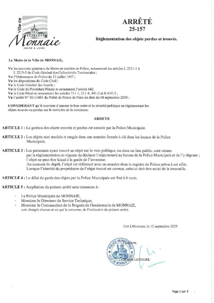 Image du document Arrêté Objets Trouvés