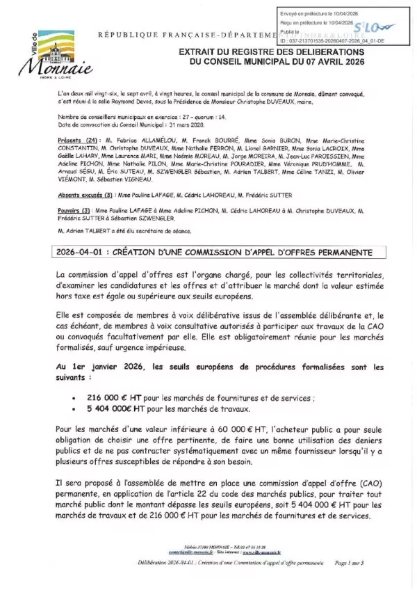 Image du document Délibérations – Conseil municipal du 7 avril 2026