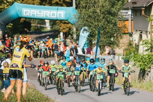 a group of people riding bikes