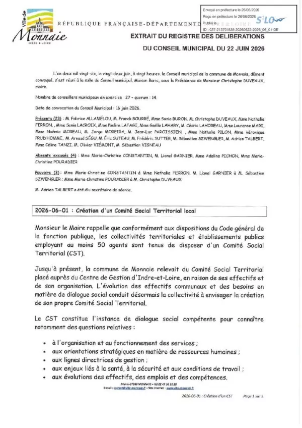 Image du document Délibérations – Conseil municipal du 22 juin 2026
