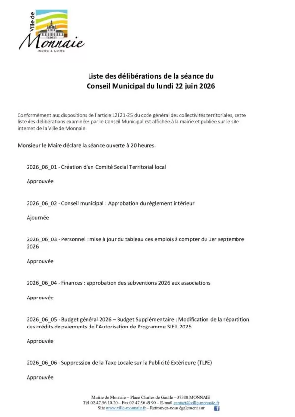 Image du document Liste des délibérations – Conseil municipal du 22 juin 2026