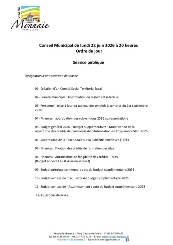 Image du document Ordre du jour – Conseil municipal du 22 juin 2026