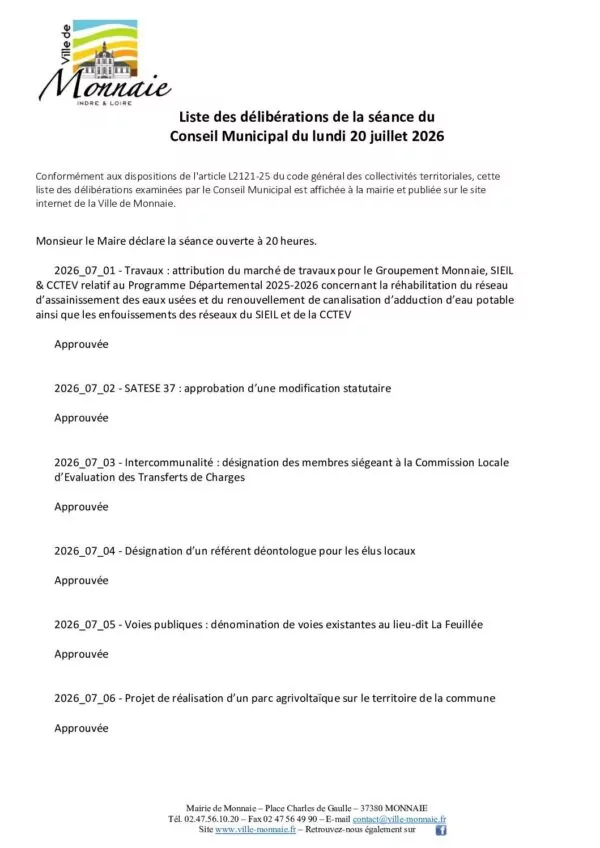 Image du document Liste des délibérations – Conseil municipal du 20 juillet 2026