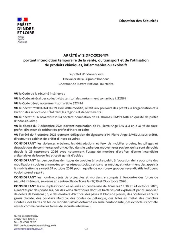 Image du document AP174-20102029-interdiction temporaire vente transport utilisation produits chimiques inflammables explosifs signé PAS