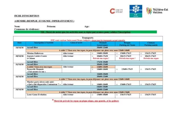 Image du document Fiche d&rsquo;inscription & transport vacances de TOUSSAINT 2026